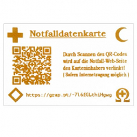 Notfalldatenkarte "Deutsch", im Kreditkartenformat mit indiv. QR-Code + URL zum Eintippen +  internationalen Notfallemblemen